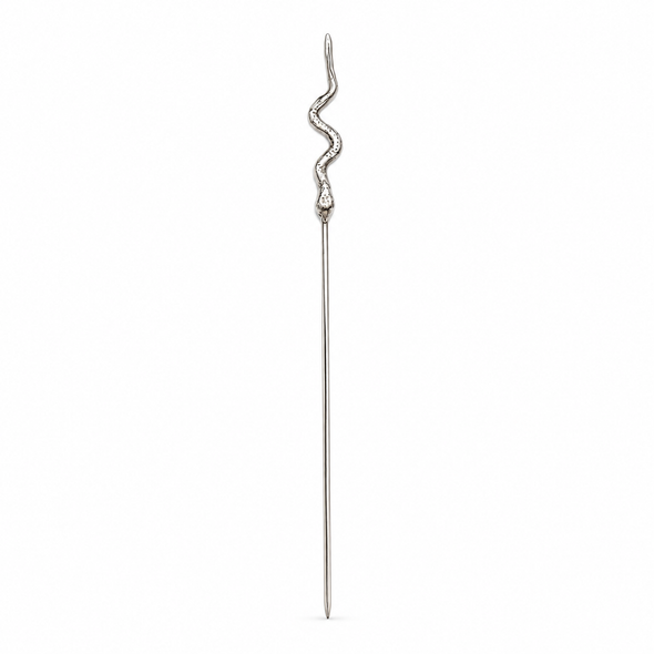 A silver-toned cocktail pick with a sculpted, wavy snake head on a plain white background.