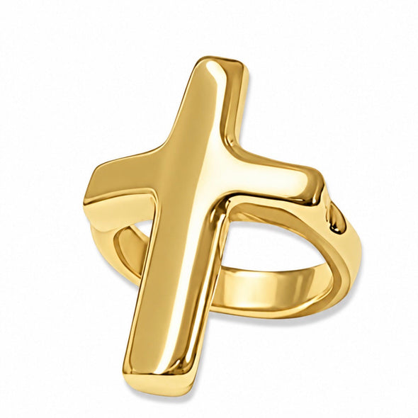 A polished gold ring featuring a stylized, open cross design, shown on a clean white background.