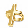 A polished gold ring featuring a stylized, open cross design, shown on a clean white background.