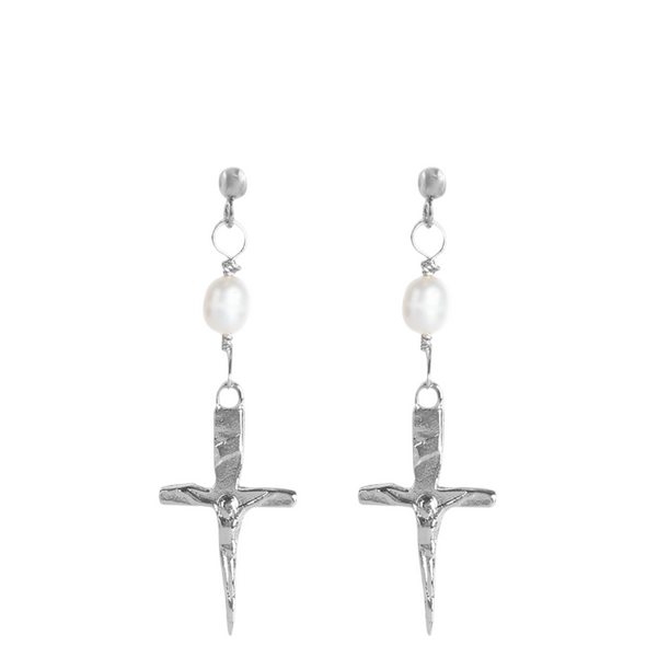 Silver cross earrings with pearl-like beads on a white background