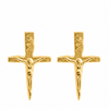 A pair of gold crucifix stud earrings with a textured, embossed design, shown on a plain white background.
