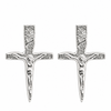 A pair of silver crucifix stud earrings with a textured, hammered finish and a detailed figure of Jesus on a plain white background.