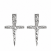 A pair of silver crucifix stud earrings with detailed engravings, shown side-by-side on a plain white background.