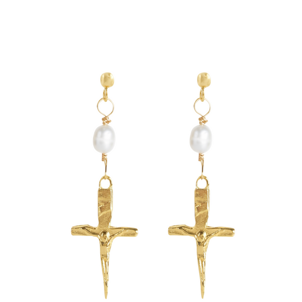 Gold cross earrings with pearl beads on a white background