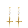 Gold cross earrings with pearl beads on a white background