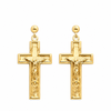 A pair of gold crucifix earrings with detailed corpus figures and round stud posts, shown on a plain white background.