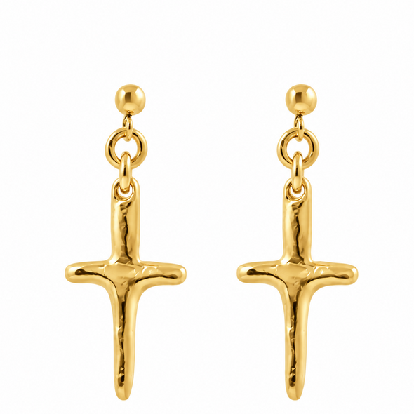 A pair of gold cross dangle earrings with textured, hammered finishes and spherical post backings, shown on a plain white background.