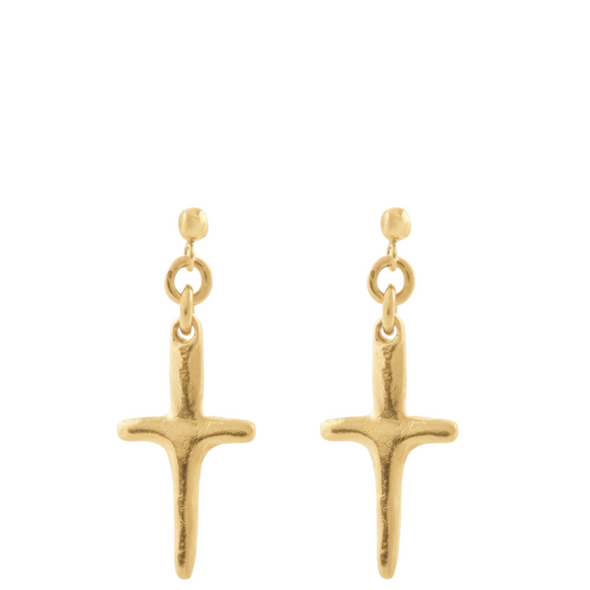 Gold cross-shaped earrings on a white background