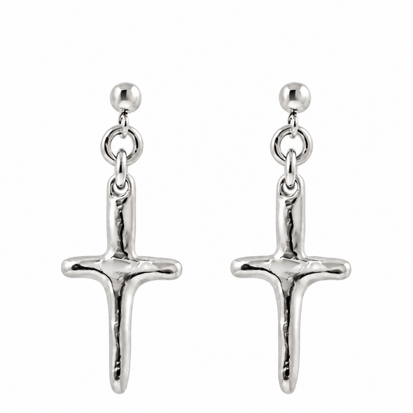 A pair of silver cross dangle earrings with textured, organic-shaped crosses hanging from small silver rings and ball studs, shown on a plain white background.