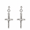A pair of silver cross dangle earrings with textured, organic-shaped crosses hanging from small silver rings and ball studs, shown on a plain white background.