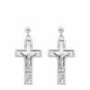 A pair of silver crucifix dangle earrings with a textured cross design featuring a detailed corpus, suspended from round silver studs on a plain white background.