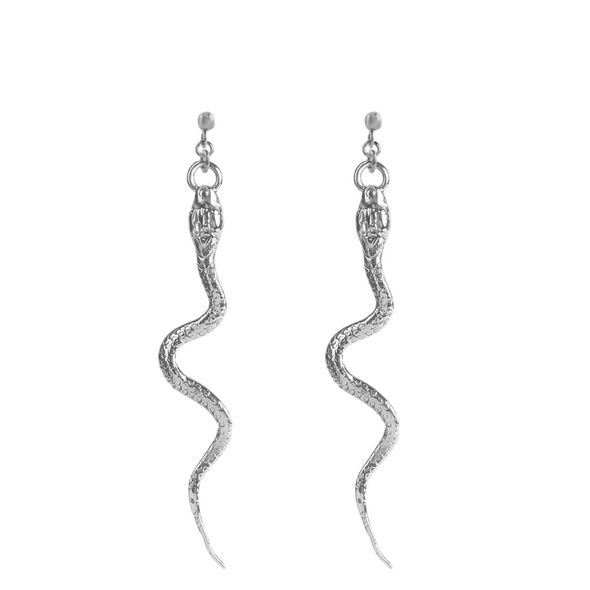 Silver snake-shaped earrings on a white background