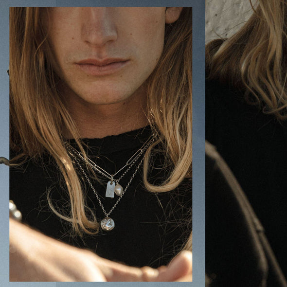 male model wearing britt bolton's sterling silver pendant necklaces