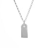 Silver necklace with a tag pendant on a white background