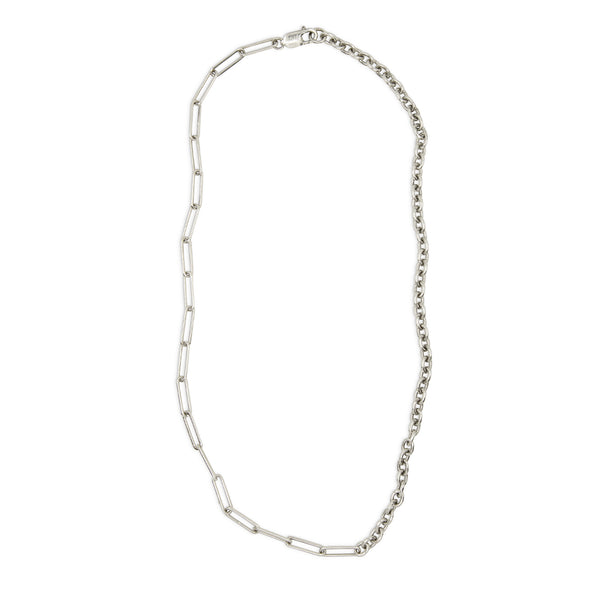 A silver necklace with a combination of paperclip and cable chain links.