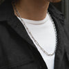 Person wearing a silver chain necklace with a black jacket and white shirt.