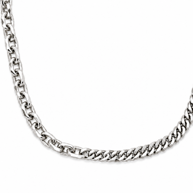A close-up of a silver-toned metal chain necklace with a curb link pattern, shown against a plain white background.