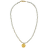 Pearl necklace with a gold pendant on a white background