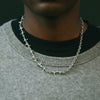 Person wearing a silver chain necklace with a dark background