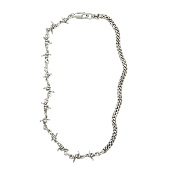 A silver necklace featuring a combination of smooth curb chain links and barbed wire links, with a Lobster Clasp closure.