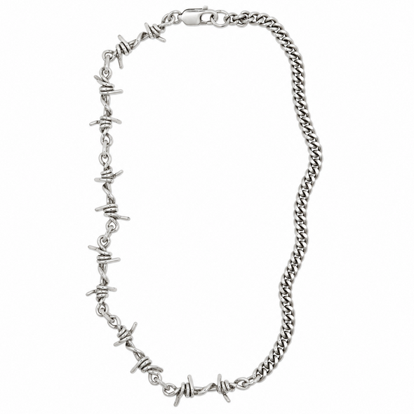 A silver-toned barbed wire chain necklace with a lobster clasp, displayed on a clean white background.