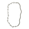 A silver necklace featuring a combination of smooth curb chain links and barbed wire links, with a Lobster Clasp closure.
