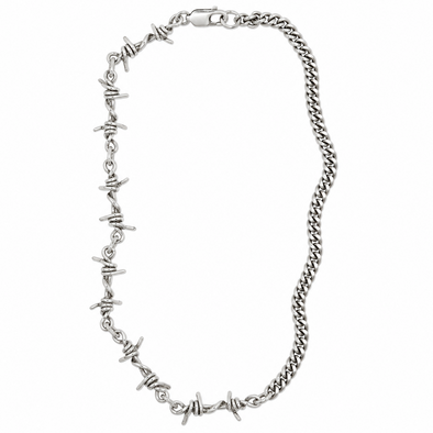 A silver-toned barbed wire chain necklace with a lobster clasp, displayed on a clean white background.