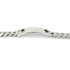 Silver chain bracelet with red gemstones on a white background