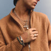 Person wearing a brown zip-up sweater against a blue background