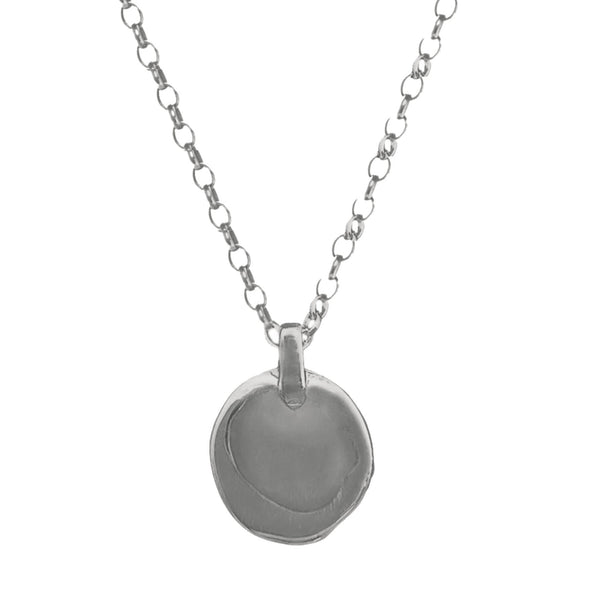 Silver necklace with a round pendant on a white background