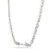 Pearl necklace with a barbed wire accent on a white background
