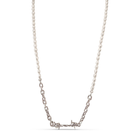 Silver necklace with a unique clasp design on a white background
