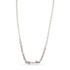 Silver necklace with a unique clasp design on a white background
