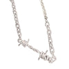 Silver necklace with a barbed wire design on a white background