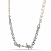 A silver-tone barbed wire chain necklace paired with white baroque pearls on both ends, displayed against a clean white background.