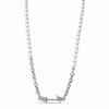 A silver necklace featuring a strand of white pearls transitioning into a barbed wire pendant, shown against a plain white background.