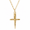 A gold crucifix pendant necklace on a matching gold chain, shown against a plain white background.