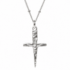 A silver crucifix pendant necklace featuring a textured dagger hilt and a detailed figure of Jesus Christ, suspended from a delicate silver chain against a plain white background.