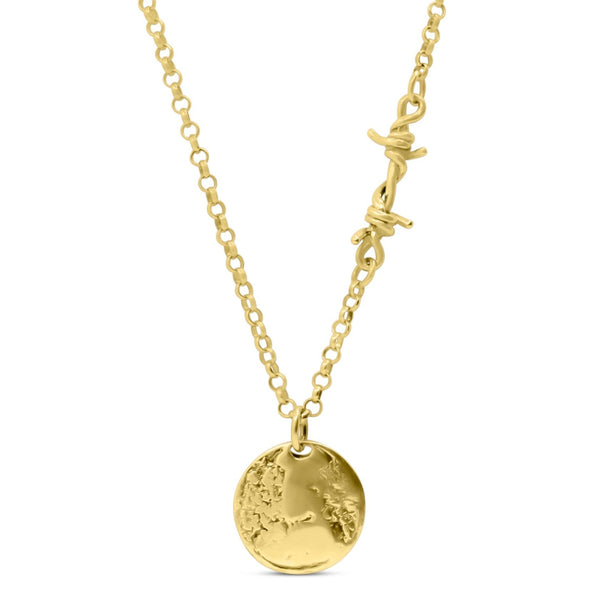 A 14K gold necklace with a barbed wire link design and a coin pendant hanging from a rolo chain.