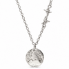 A silver necklace featuring a textured circular pendant with an engraved map design, suspended from a chain with a barbed wire accent clasp, shown against a plain white background.