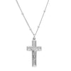 Silver crucifix pendant on a chain against a white background