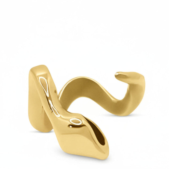 A golden open snake ring with a glossy finish, designed to wrap around the finger.