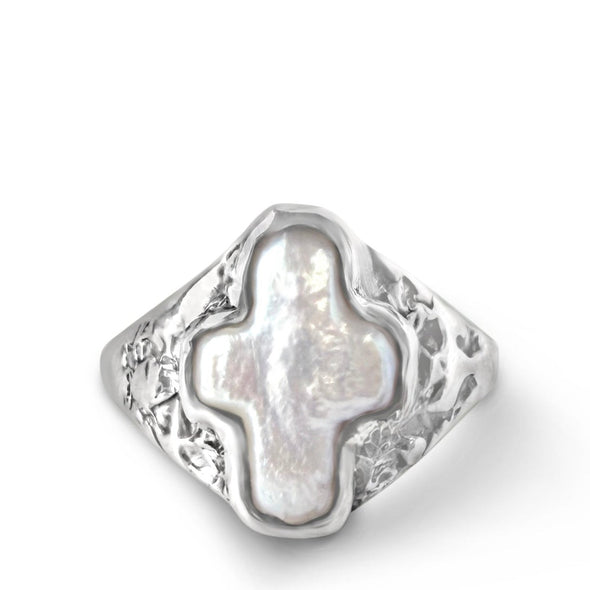 silver signet with a cross shaped pearl in bezel setting
