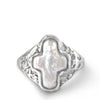 silver signet with a cross shaped pearl in bezel setting
