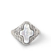 silver signet with a cross shaped pearl in bezel setting