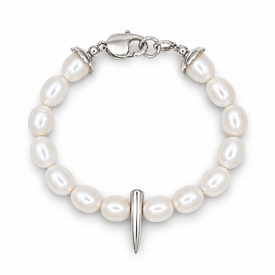 A pearl beaded bracelet with a silver spike charm and lobster clasp, shown on a clean white background.