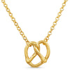 Gold pretzel-shaped pendant on a chain against a white background