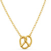 Gold necklace with a Pretzel shaped  pendant pendant on a white background