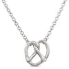 Silver necklace with a PRETZEL pendant on a white background