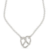 Silver necklace with a pretzel-shaped pendant on a white background